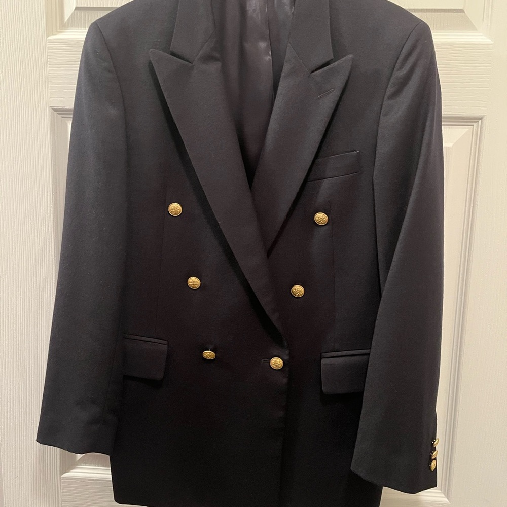Boston Traders Black Wool Double Breasted Gold Buttons Jacket with Green Patch
